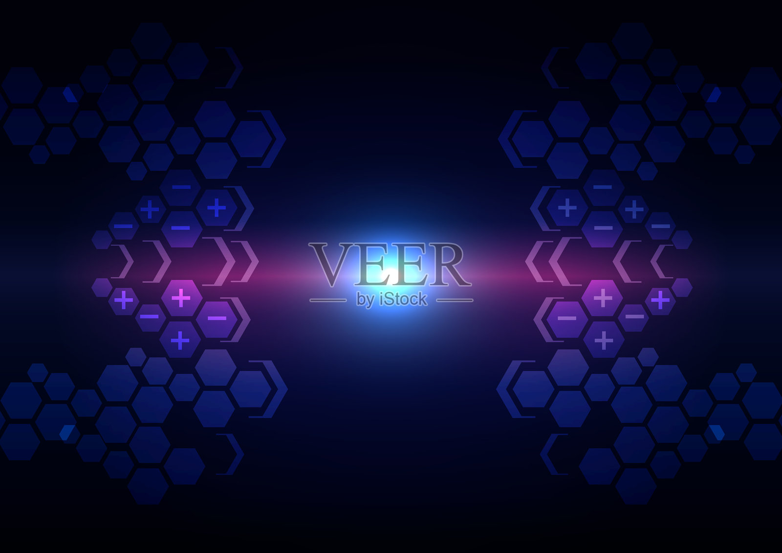 抽象的未来科技背景，带有发光的蓝色六边形网格图案、漂浮的数据粒子和深蓝色矢量背景上的光效。插画矢量插画图片素材