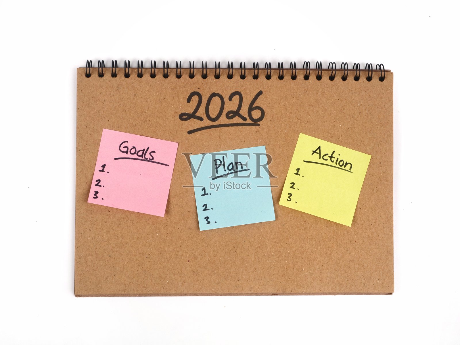 2026年新年决心与目标设定概念，彩色便利贴纸在笔记本上照片摄影图片