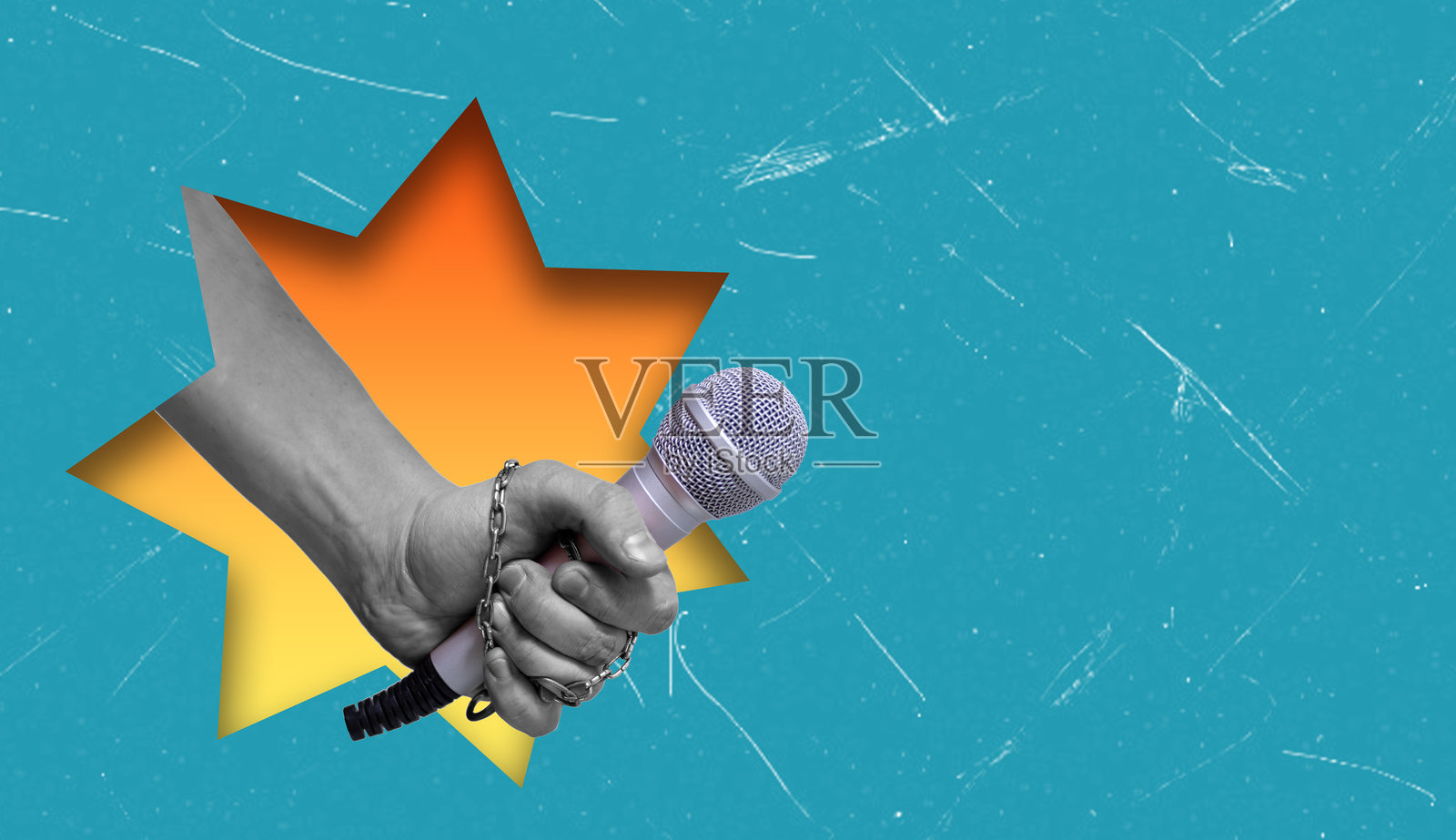 手持麦克风，展现出充满艺术拼贴风格的鲜艳色彩和星形背景，寓意创意表达与舞台表演照片摄影图片