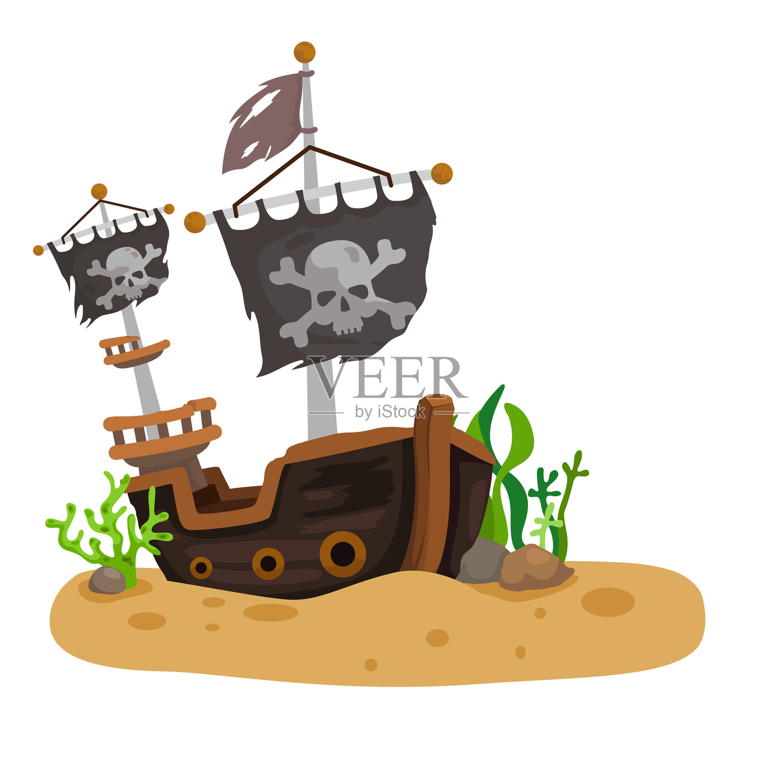 海中或洋中的旧海盗船残骸插画图片素材