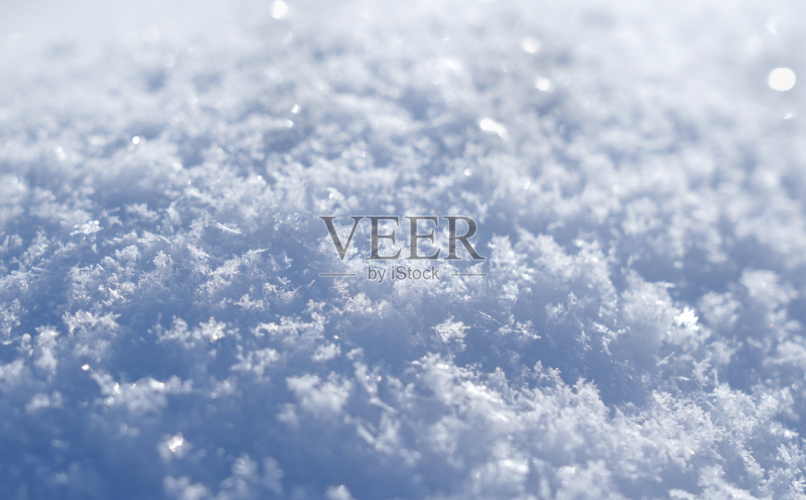 近景展示覆盖地面的新鲜雪花，其精巧的图案和纹理在阳光下闪耀，营造出柔和蓝色调的宁静冬日氛围照片摄影图片