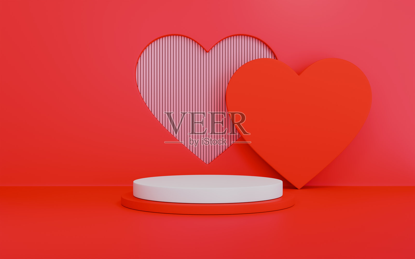 圆柱形展示台，带有心形窗户，用于情人节产品展示的舞台照片摄影图片