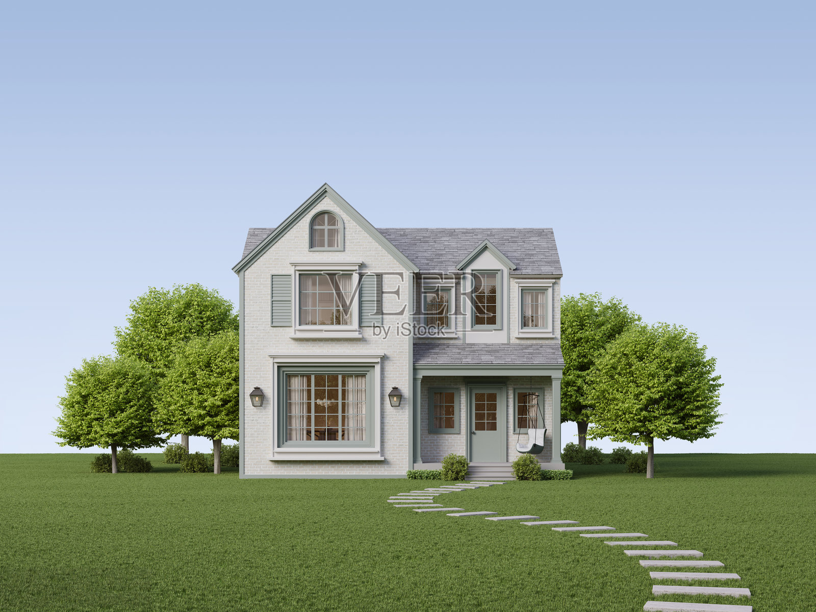 蓝天下的草坪上，有一棵树，旁边是一栋两层小屋。三维渲染。照片摄影图片