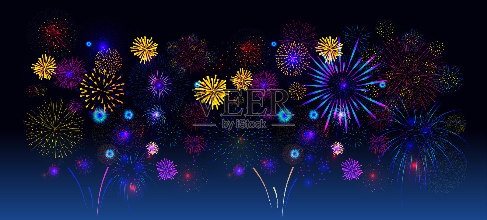 深色背景上孤立的彩色烟花。节日鞭炮和烟火火箭。新年庆祝活动矢量图，适用于节日横幅、海报、贺卡、节日设计。插画图片素材