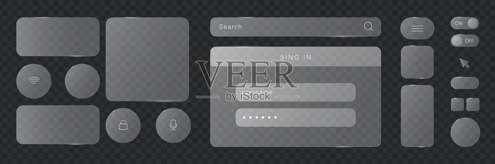 液体玻璃按钮界面，带光效的边框横幅集，适用于移动端和网页应用的玻璃面板，未来风格的科技面板边框。带发光效果的HUD元素界面，矢量插画。插画图片素材