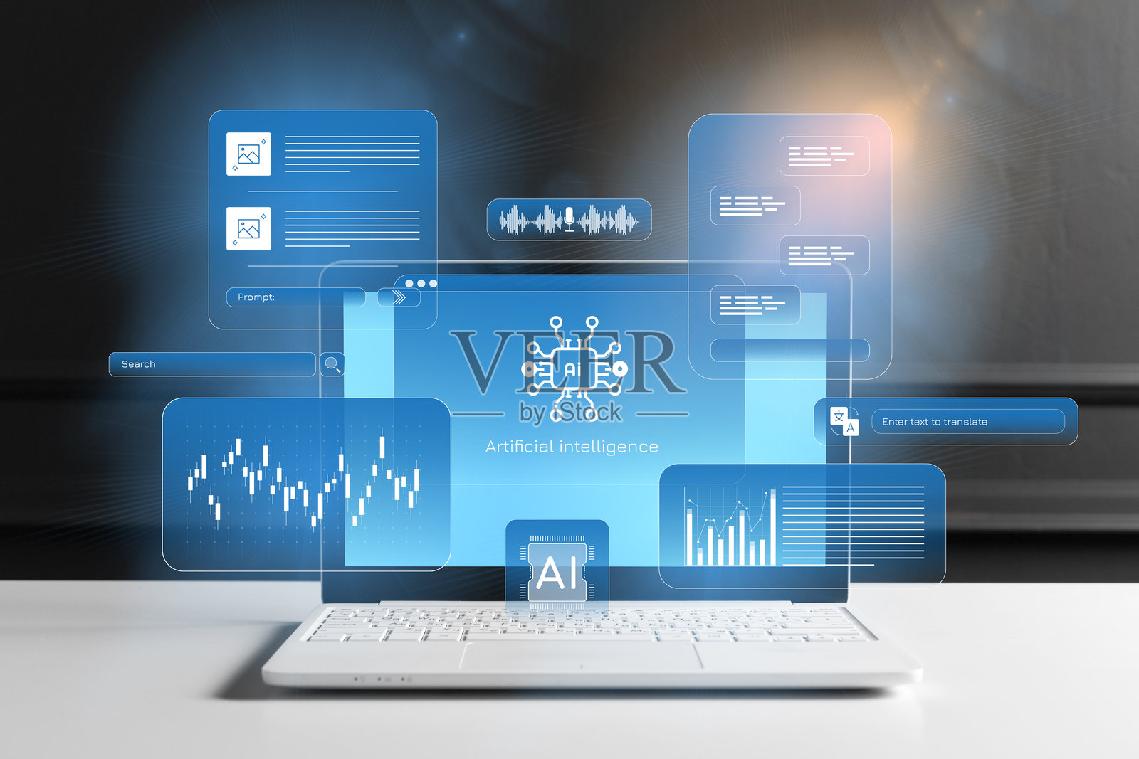 在笔记本电脑上探索人工智能，屏幕上显示着数据图表和声波照片摄影图片