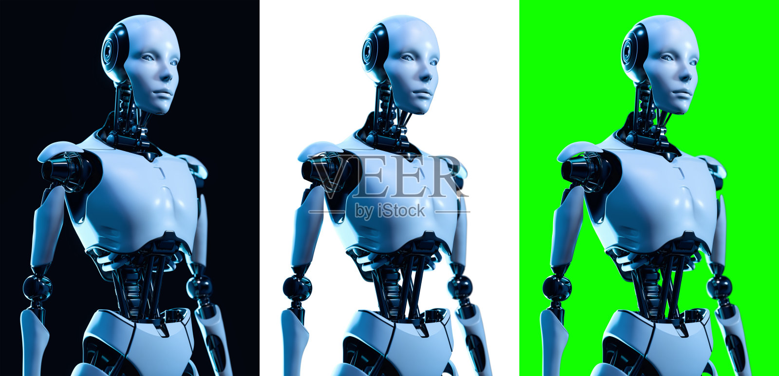 赛博格机器人，隔离在绿色抠像背景、黑白色背景前照片摄影图片