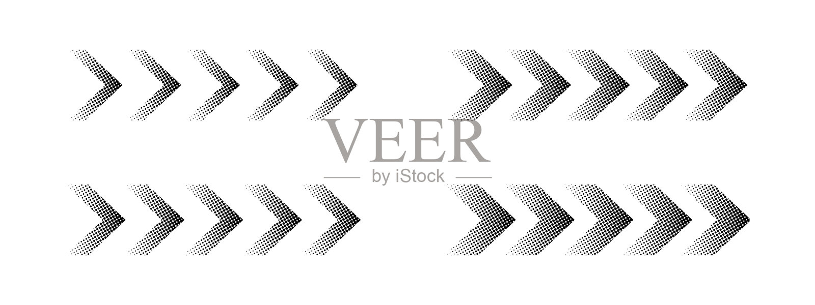 一套带有半色调、噪点或颗粒状纹理的五向箭头符号，孤立在白色背景上。点状警示、动作、方向或下载标志。矢量图形插图插画图片素材