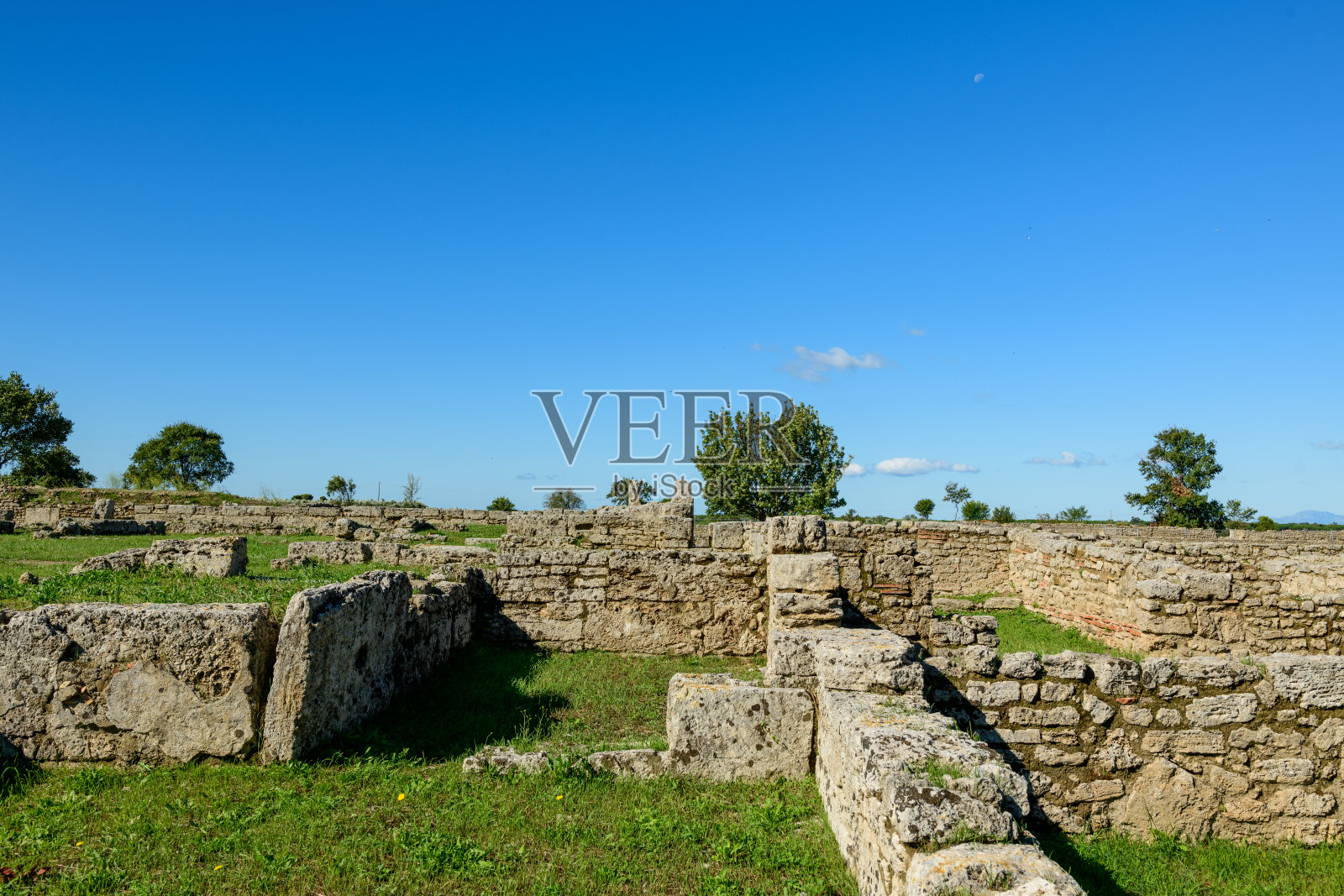 晴空下的古罗马佩斯图姆遗址照片摄影图片