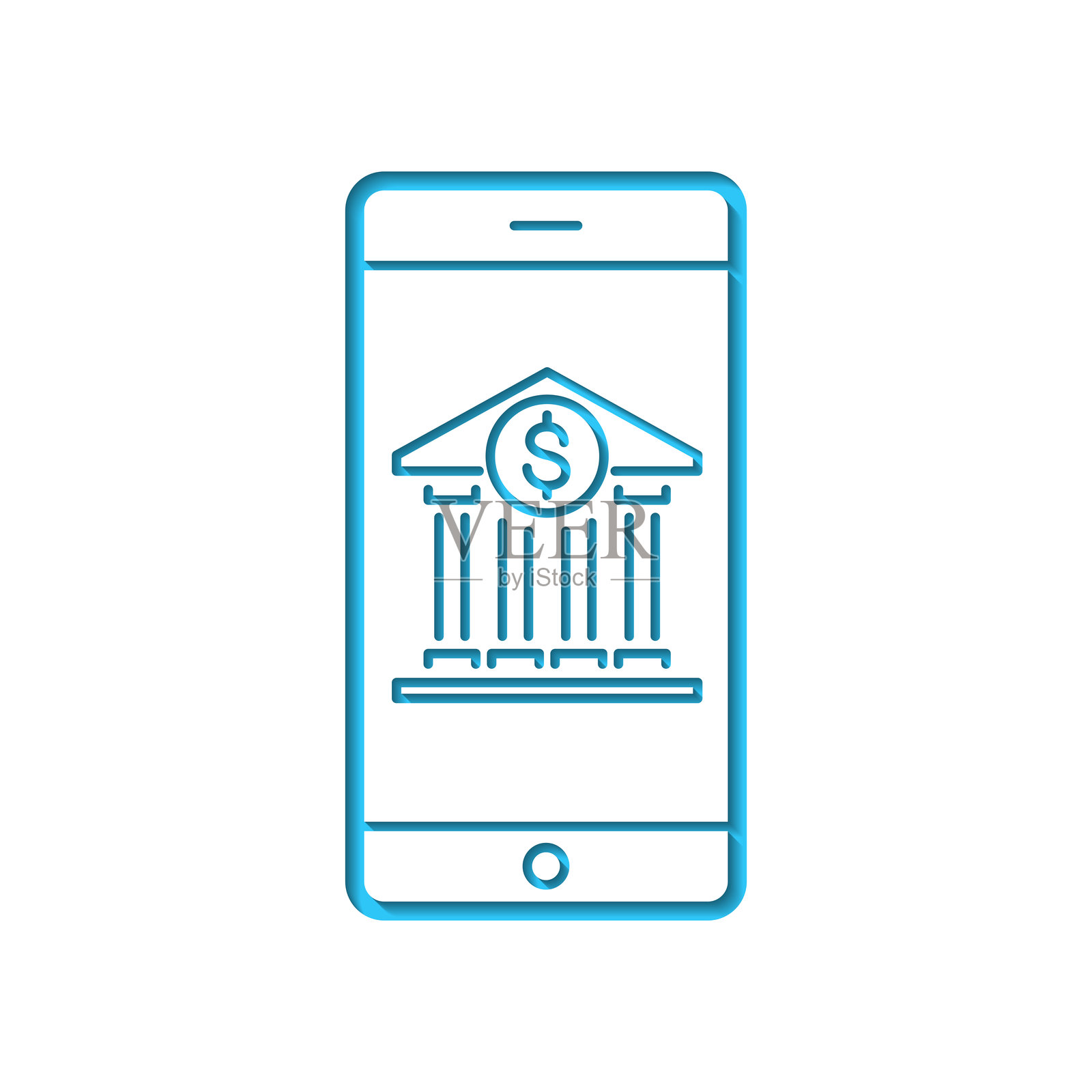 白纸蓝底上抠出的带有银行图标的智能手机插画图片素材