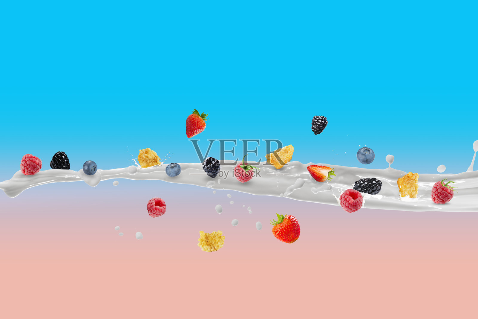 牛奶飞溅伴新鲜浆果和玉米片，健康早餐的绝佳概念照片摄影图片