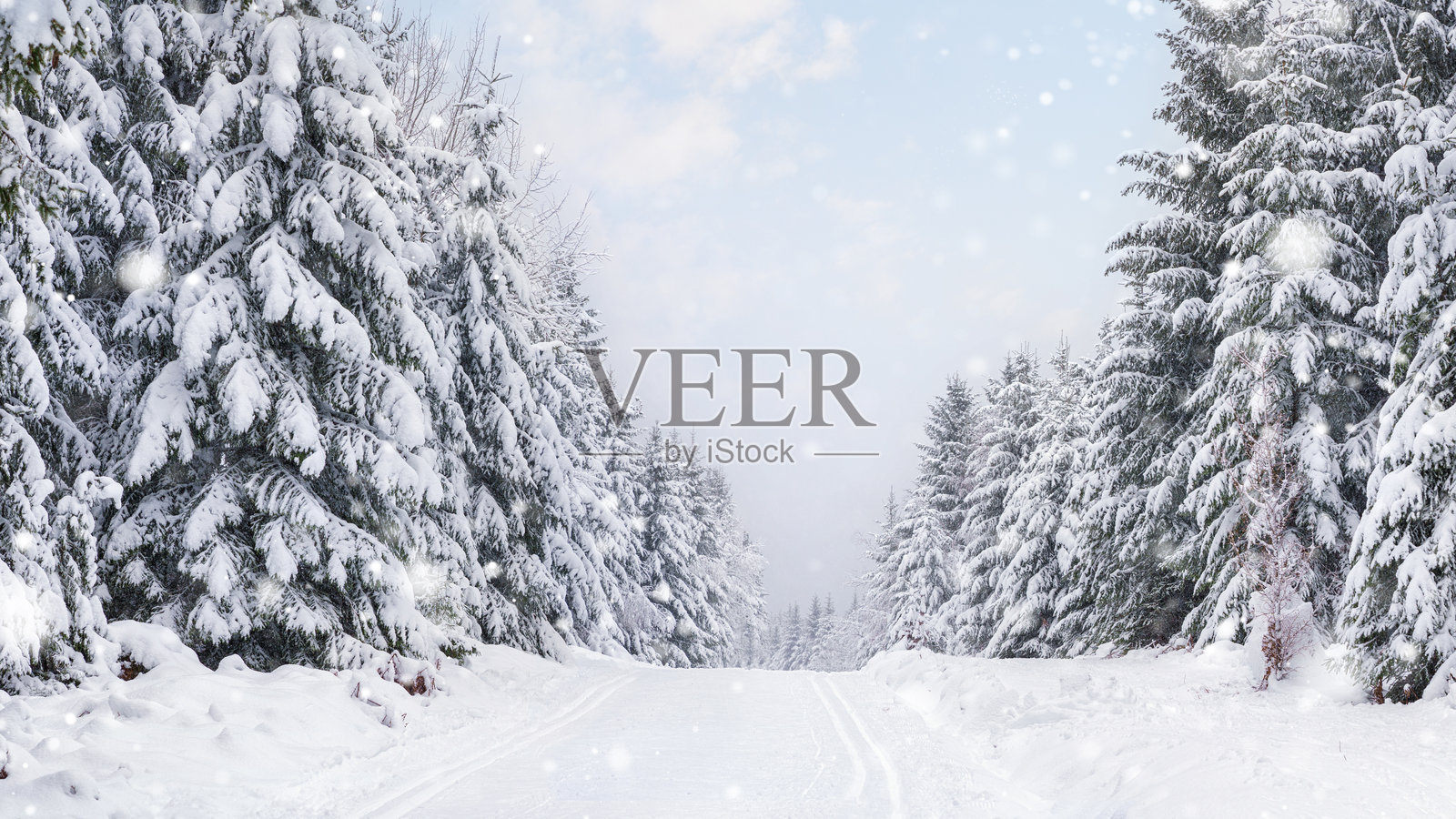 雪山中的雪地步道。美丽的雪景。照片摄影图片