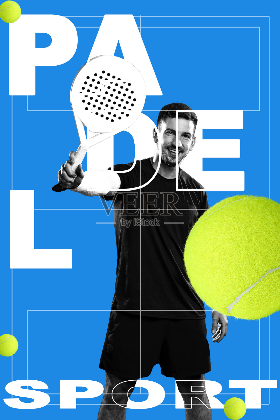 一名男子在明亮的蓝色背景下，手持板式网球拍和球，展现运动活力瞬间照片摄影图片