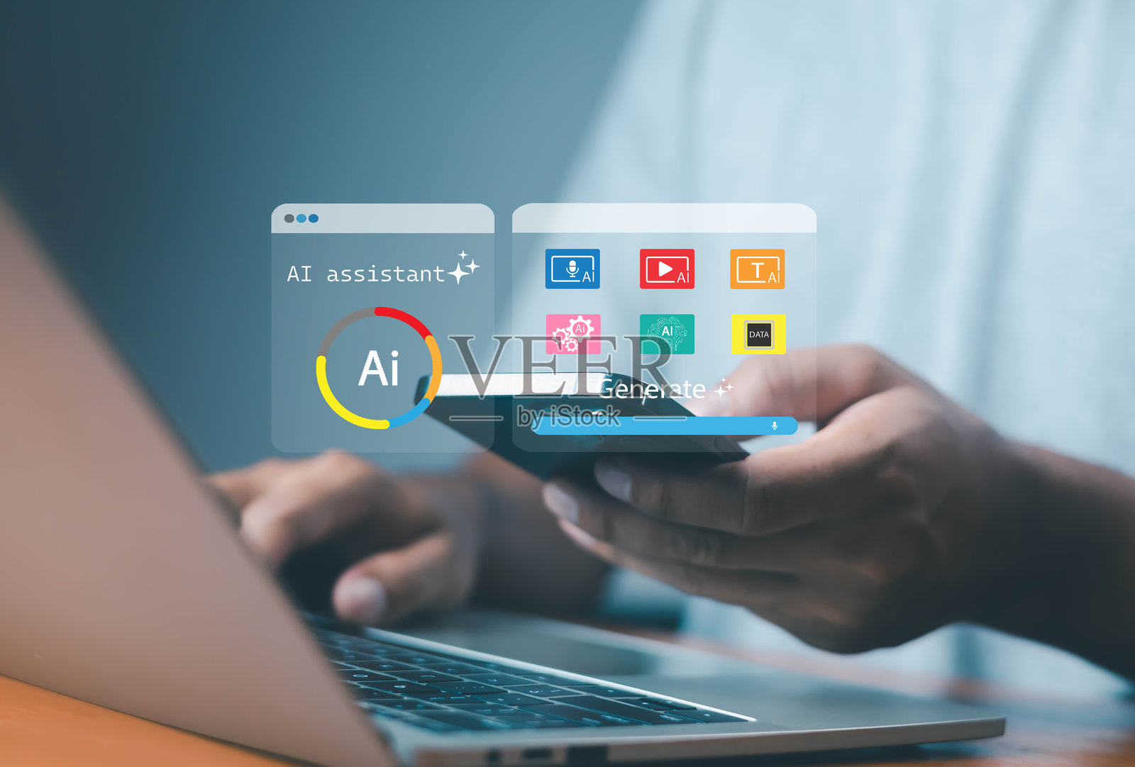 人工智能助手界面，展示语音、视频、文本和数据生成图标，概念为人工智能生产力工具照片摄影图片