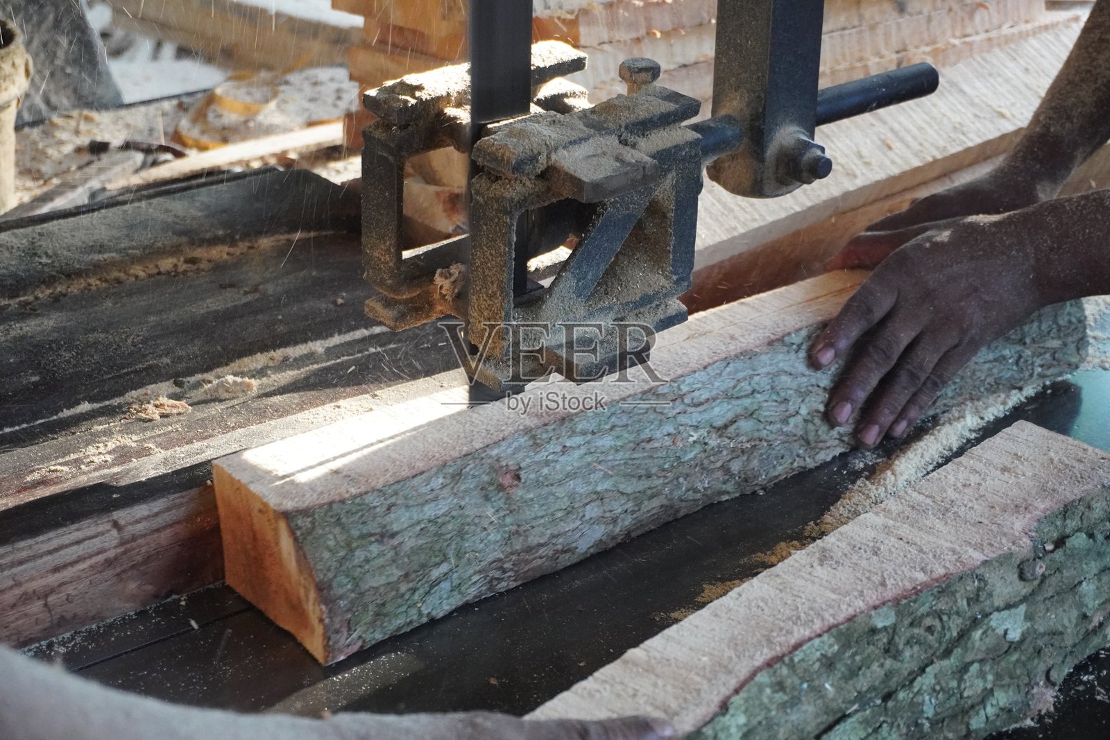 车间里用带锯切割原木照片摄影图片