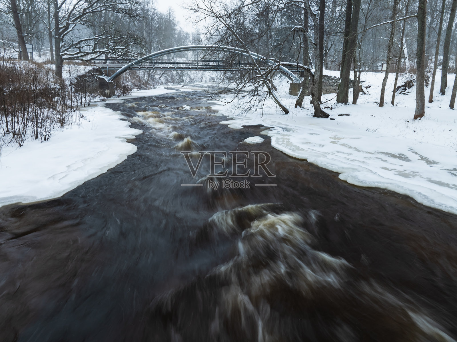冬季爱沙尼亚，航拍无人机从高处拍摄下，湍急的黑色凯拉河在钢铁桥下流淌的壮丽景象。照片摄影图片