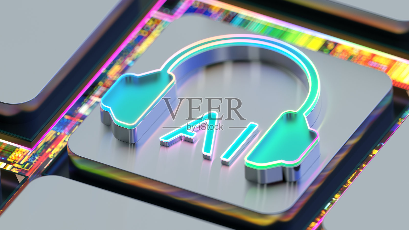 数字背景上的抽象耳机图标。代理人工智能技术，机器学习，大数据概念。数字背景和程序代码。大型语言模型（LLM）。音乐创作照片摄影图片