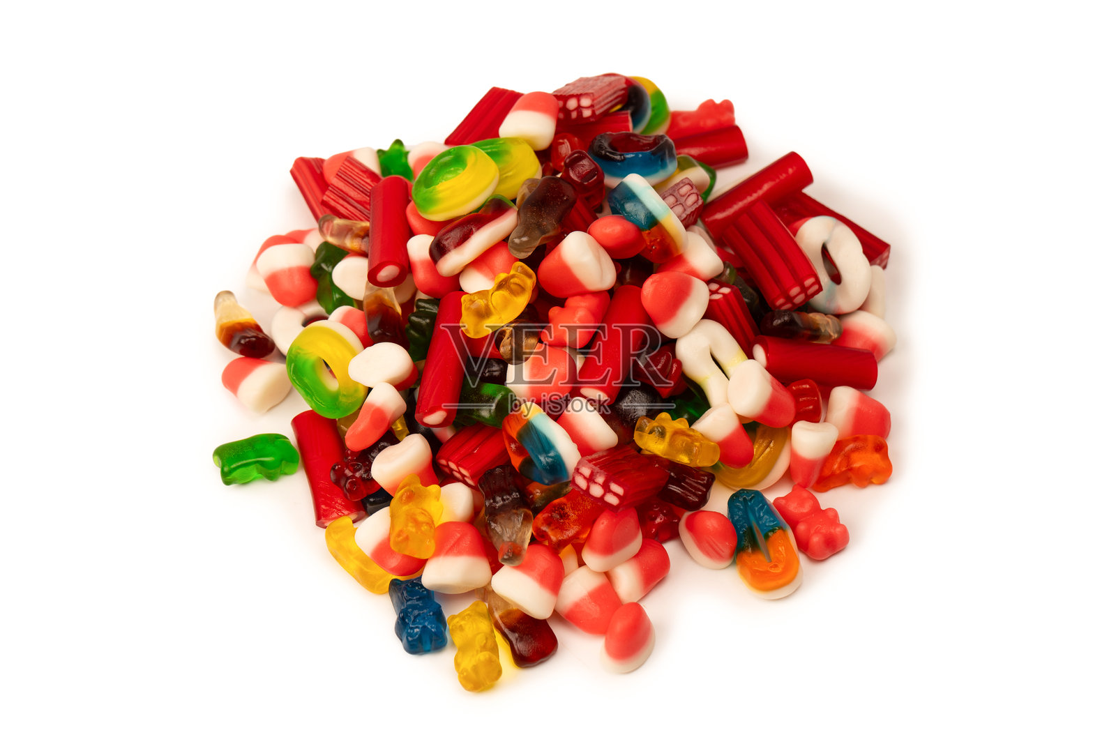 各种色彩缤纷的橡皮糖，孤立在白色背景上。果冻甜点。照片摄影图片