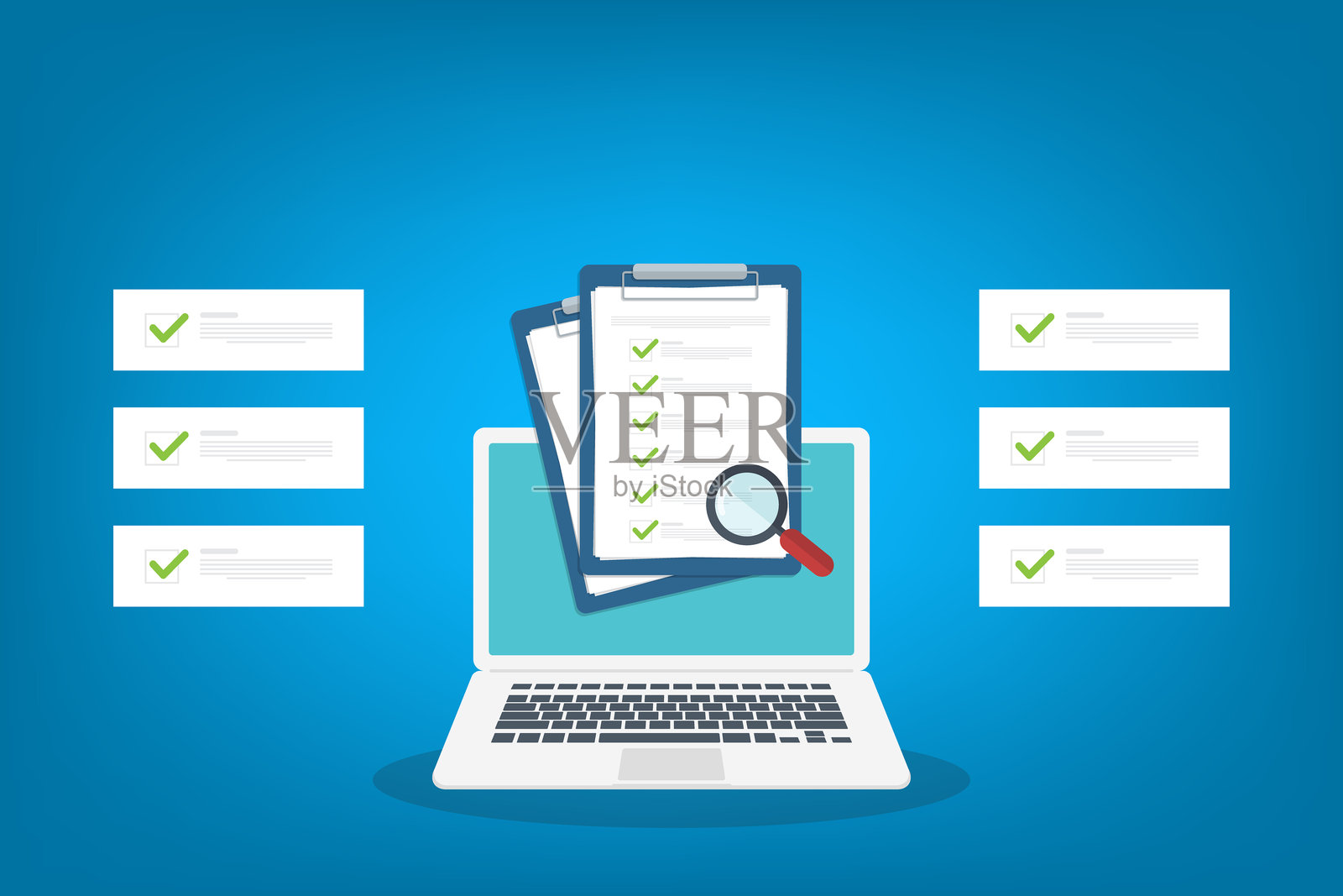 笔记本电脑上的在线数字文件检查或评估，合同审查，分析，协议合同检查，合规性验证。矢量图插画图片素材