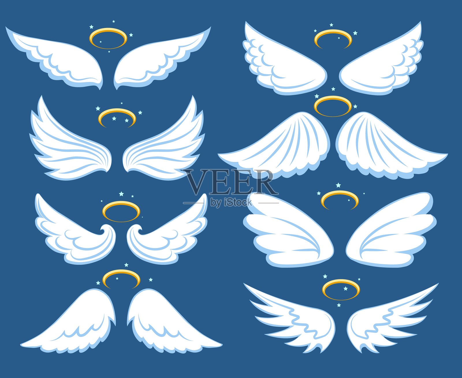 卡通天使翅膀。带有金色光环和星星的翅膀集合矢量插画插画图片素材