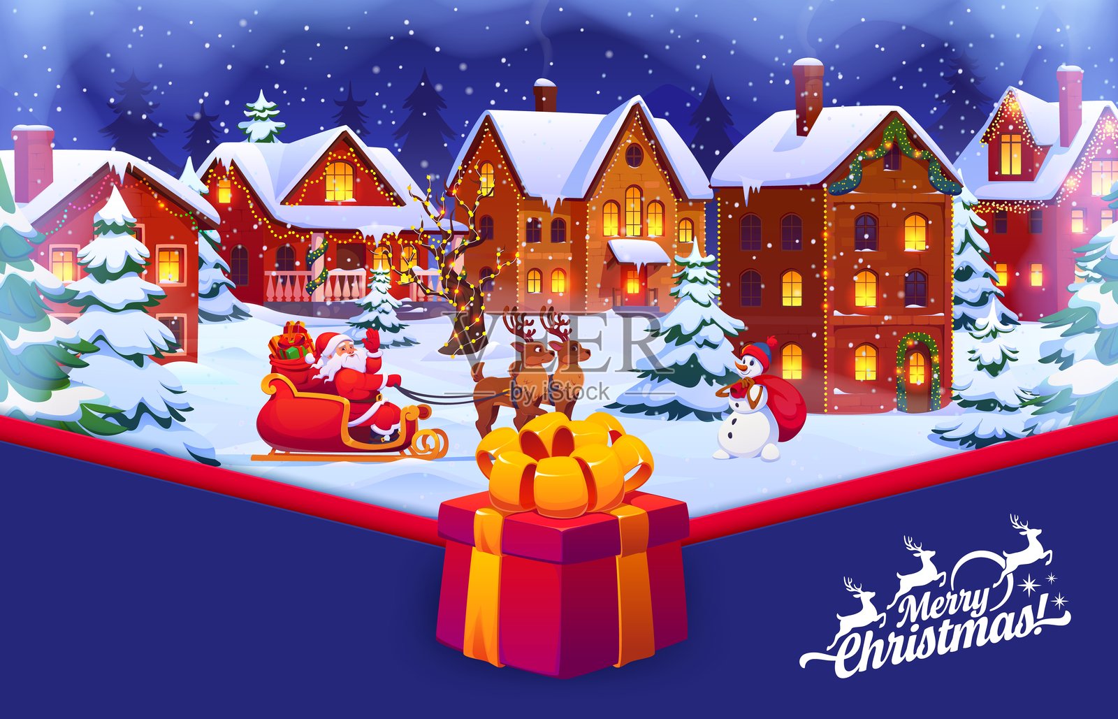 圣诞老人乘坐雪橇的圣诞冬季风景插画图片素材