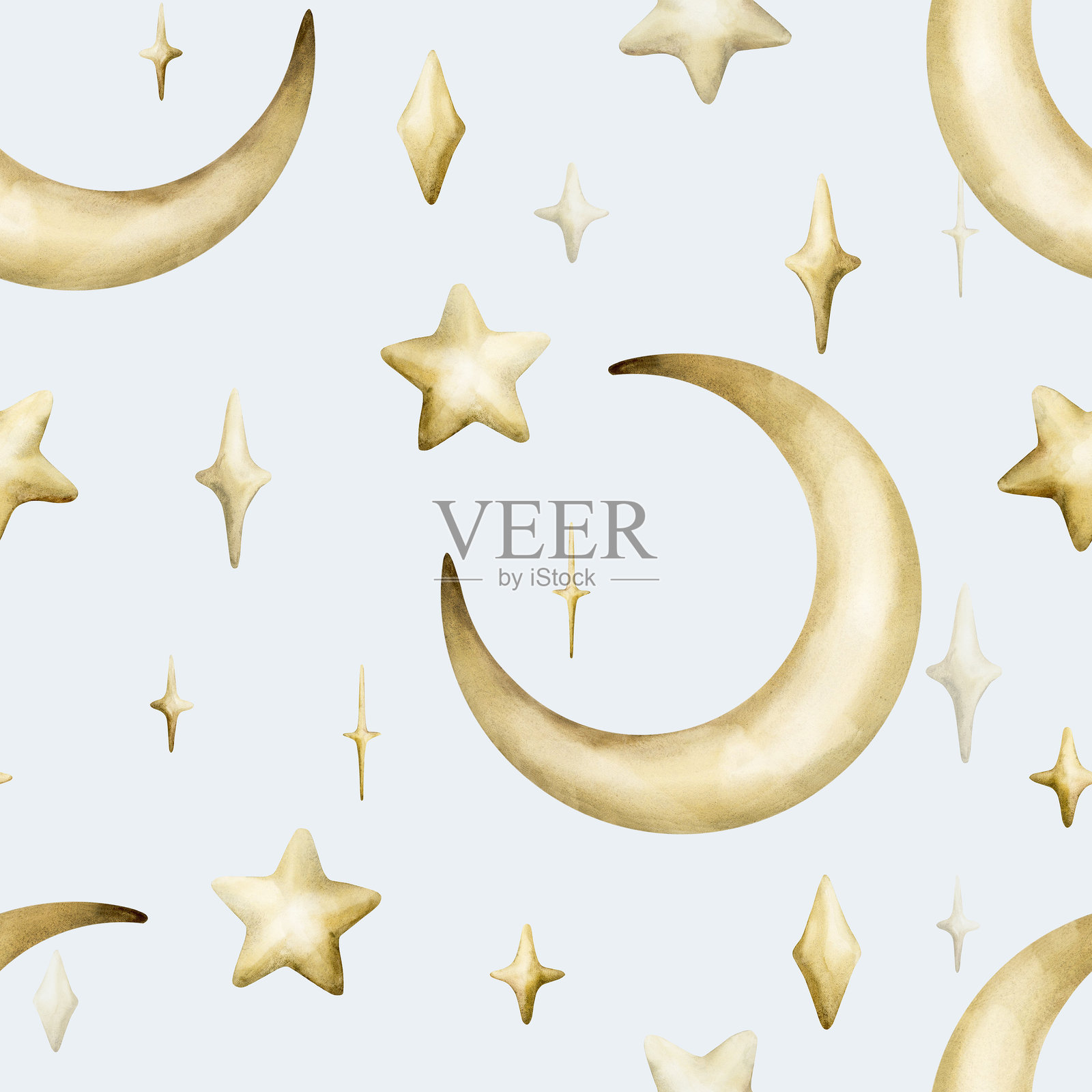 可爱的金色月亮星星闪烁无缝图案。浅蓝色背景水彩手绘插画。插画图片素材