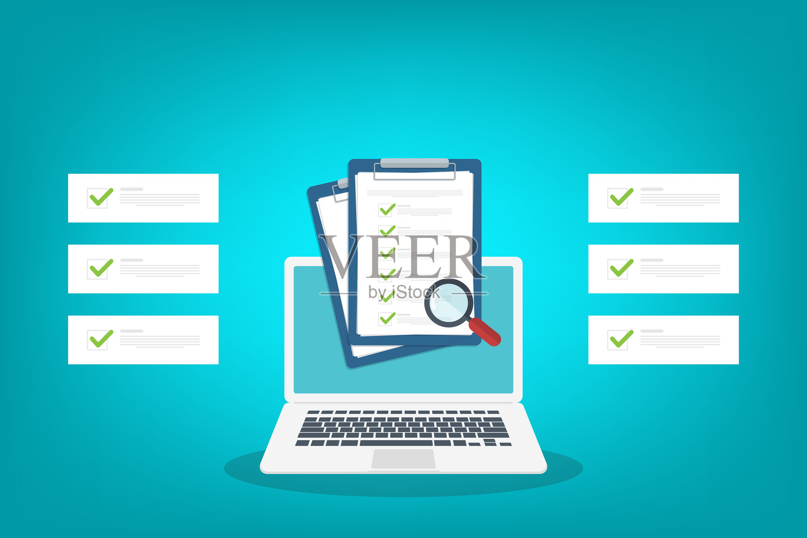 在笔记本电脑上进行在线数字文件检查或评估，合同审查、分析、协议合同检查、合规性验证。矢量插画插画图片素材