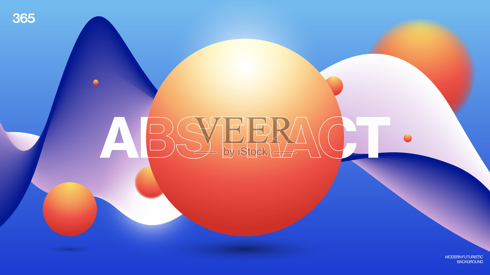 现代抽象背景，橙色球体，漂浮的球体和流动的蓝色波浪，展现未来主义设计风格插画图片素材