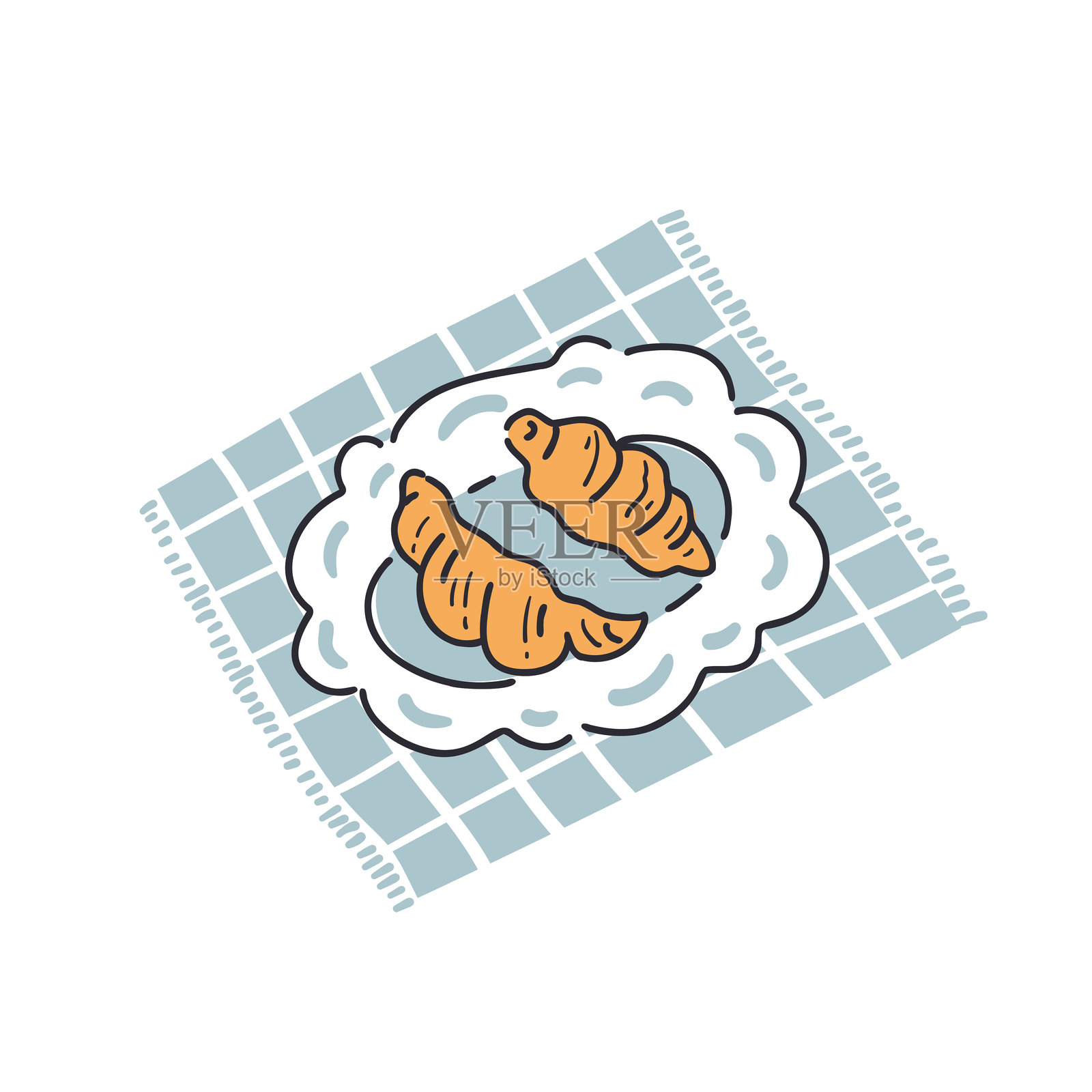 两个涂鸦风格的羊角面包放在盘子里，配有格子餐巾——非常适合早餐菜单或面包店装饰。新鲜烘焙食品概念。插画图片素材