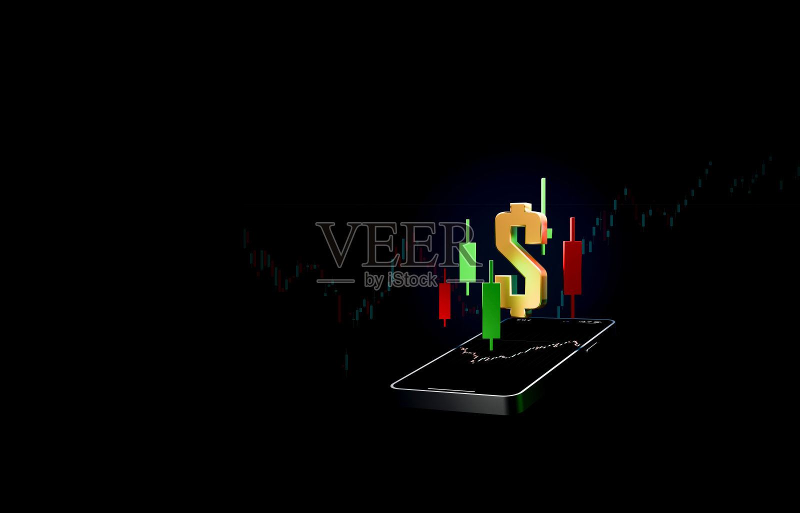 金融交易概念，深色背景上的金色美元符号和蜡烛图照片摄影图片