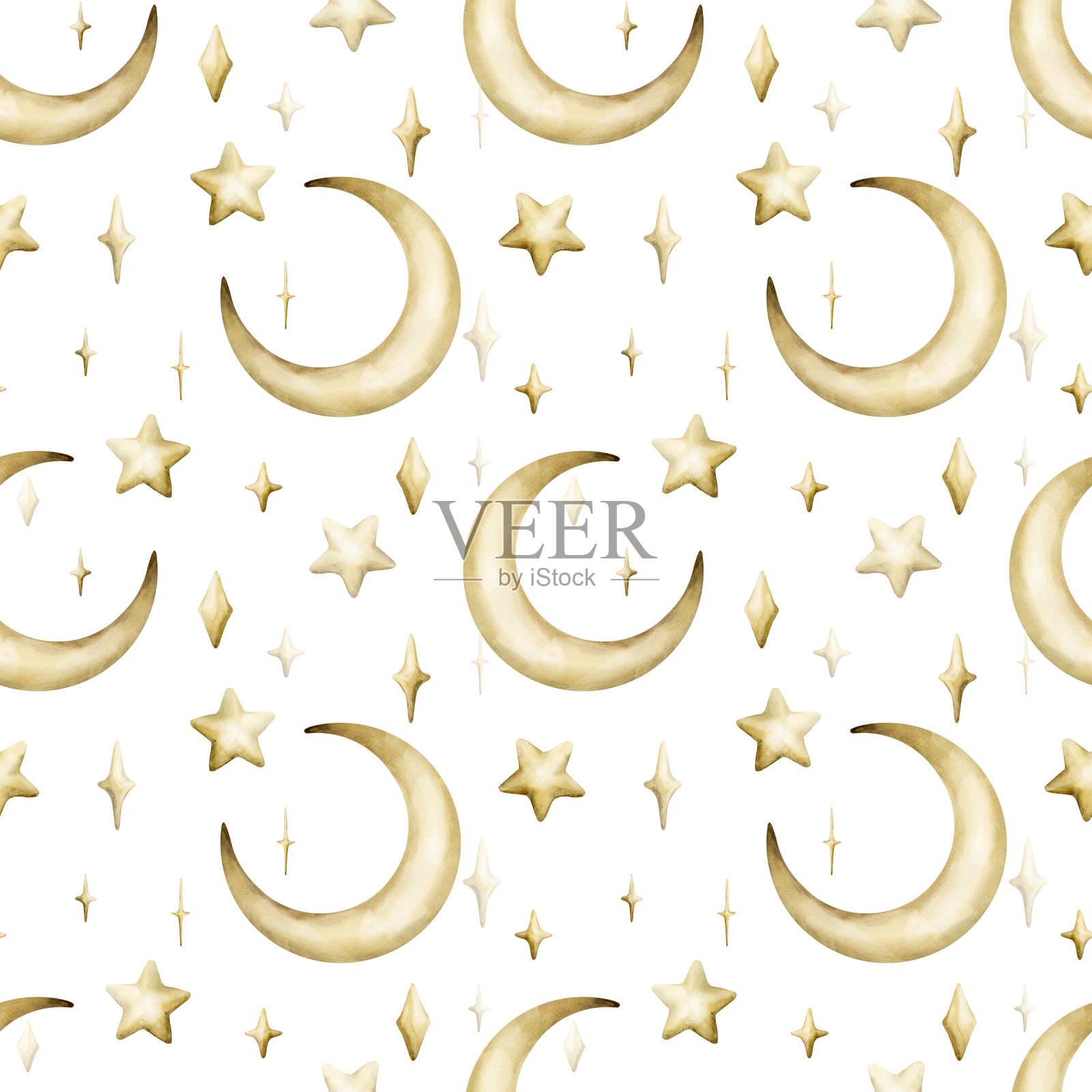 可爱的金色新月星星闪烁光芒无缝图案。水彩手绘孤立在白色的插画。插画图片素材