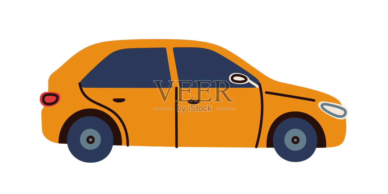 扁平卡通风格的黄色汽车矢量插画，城市交通主题。可爱的车辆，适用于交通出行、教育、儿童设计、应用、贴纸、印刷品、海报等，营造玩乐氛围。插画图片素材