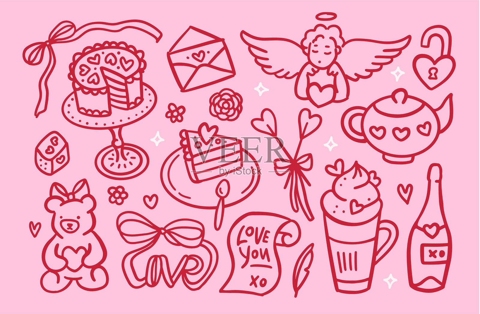 手绘情人节浪漫元素合集。红色和粉色风格的复古矢量插画，包含泰迪熊、蛋糕、情书、饮品、蝴蝶结等。适用于海报、卡片设计。插画图片素材