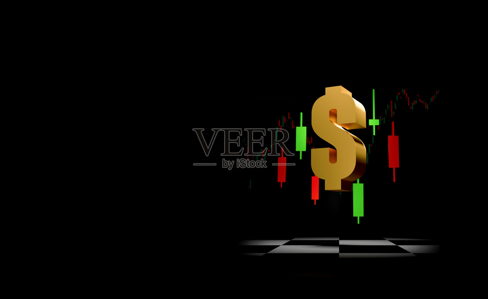 深色背景下的金融交易概念，带有金色美元符号和蜡烛图照片摄影图片