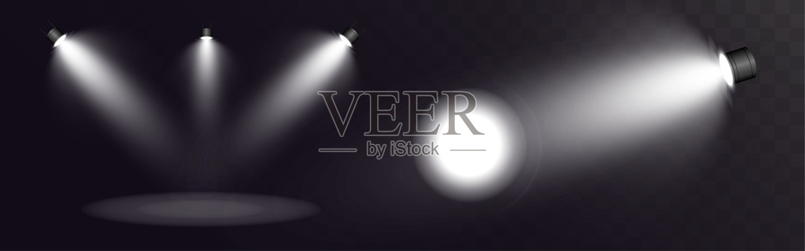 逼真的白色舞台聚光灯，带有光束和透明背景上的发光地板插画图片素材