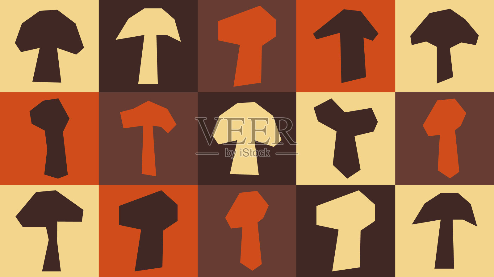 无缝剪裁的蘑菇图案，带有异想天开的真菌形状。采用复古风格的朴素植物拼贴，适用于包装、海报和创意品牌设计。插画图片素材