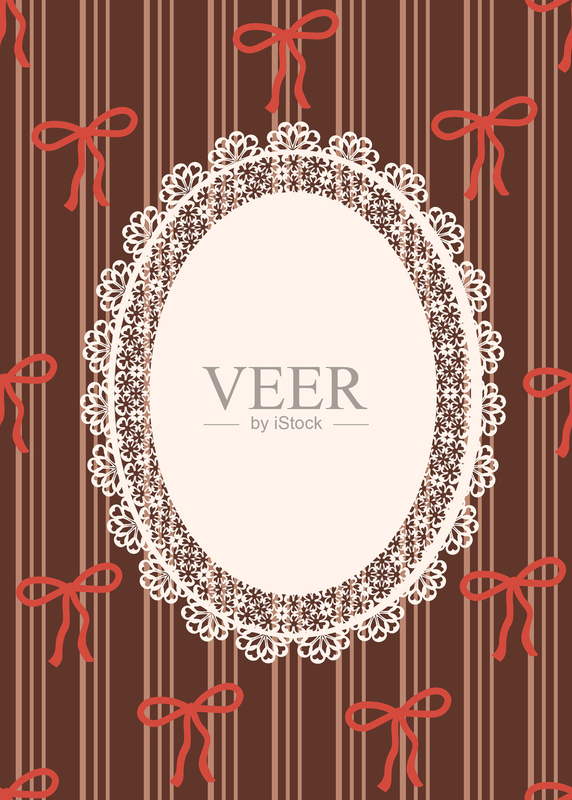 带有蝴蝶结的蕾丝椭圆形相框，背景为棕色插画图片素材