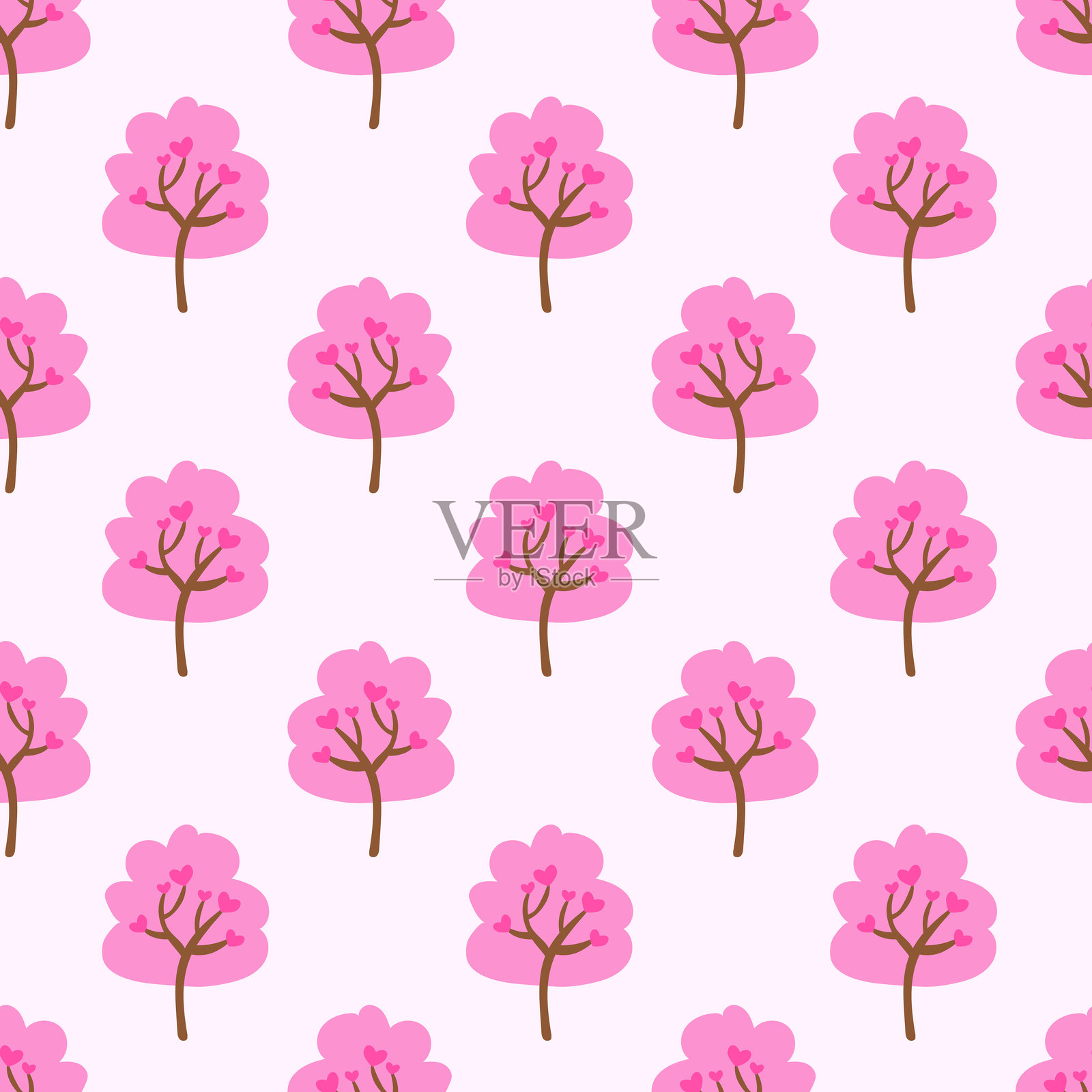 无缝图案。浪漫的矢量扁平插画，描绘一棵带有粉色心形叶子的优雅枝干的树。情人节。插画图片素材