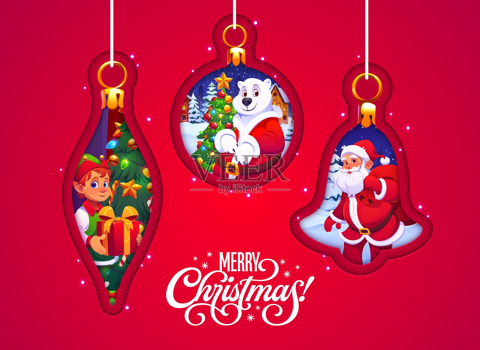 剪纸风格的圣诞节装饰球框中的圣诞角色插画图片素材