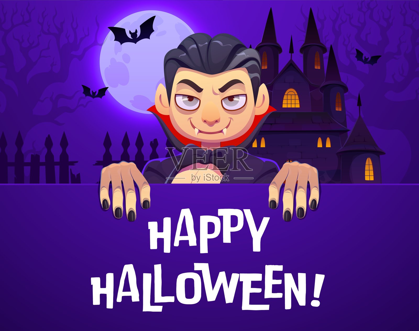 欢乐万圣节横幅，配有搞笑卡通吸血鬼插画图片素材