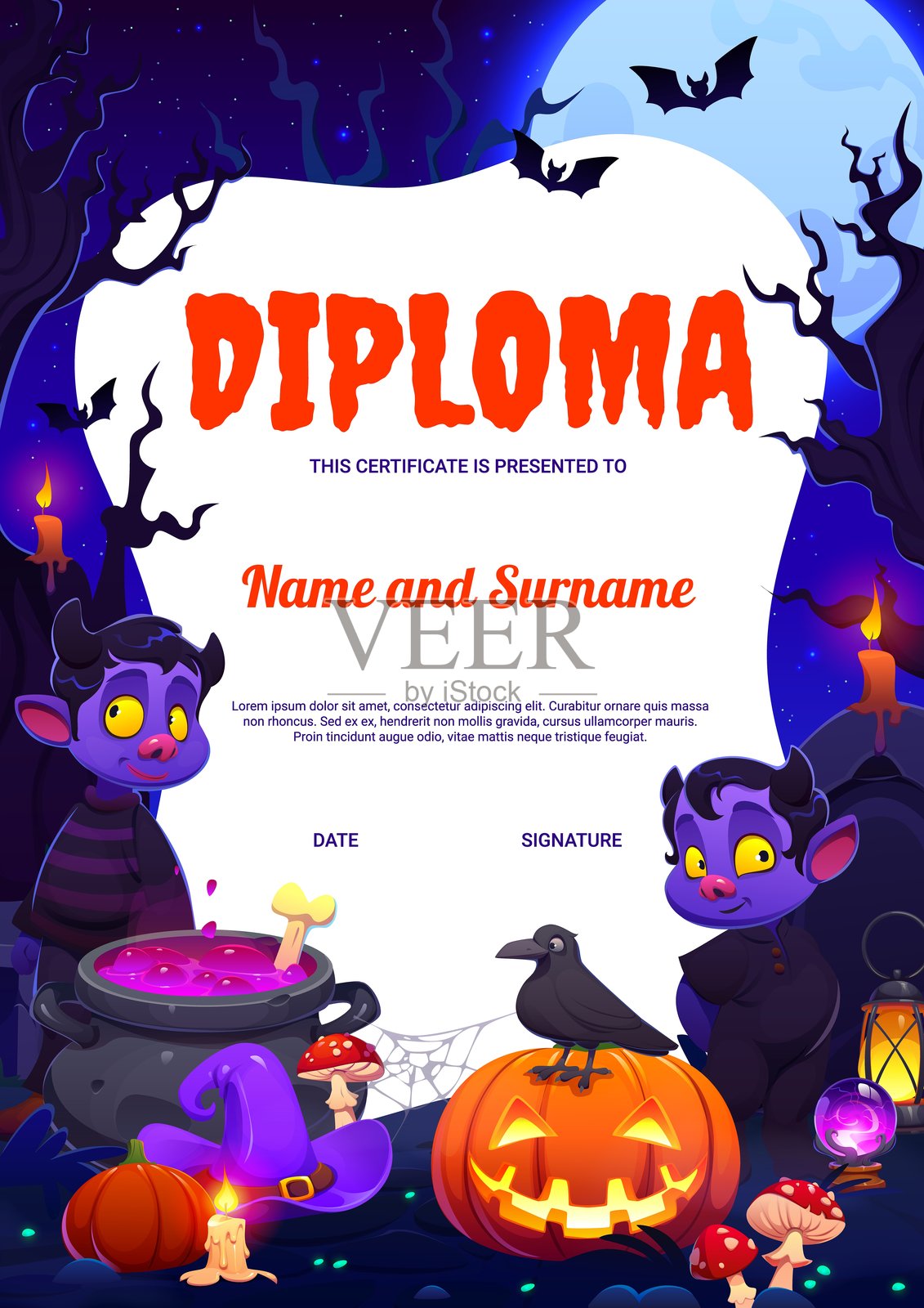 万圣节主题的儿童毕业证书，上有恶魔卡通形象插画图片素材