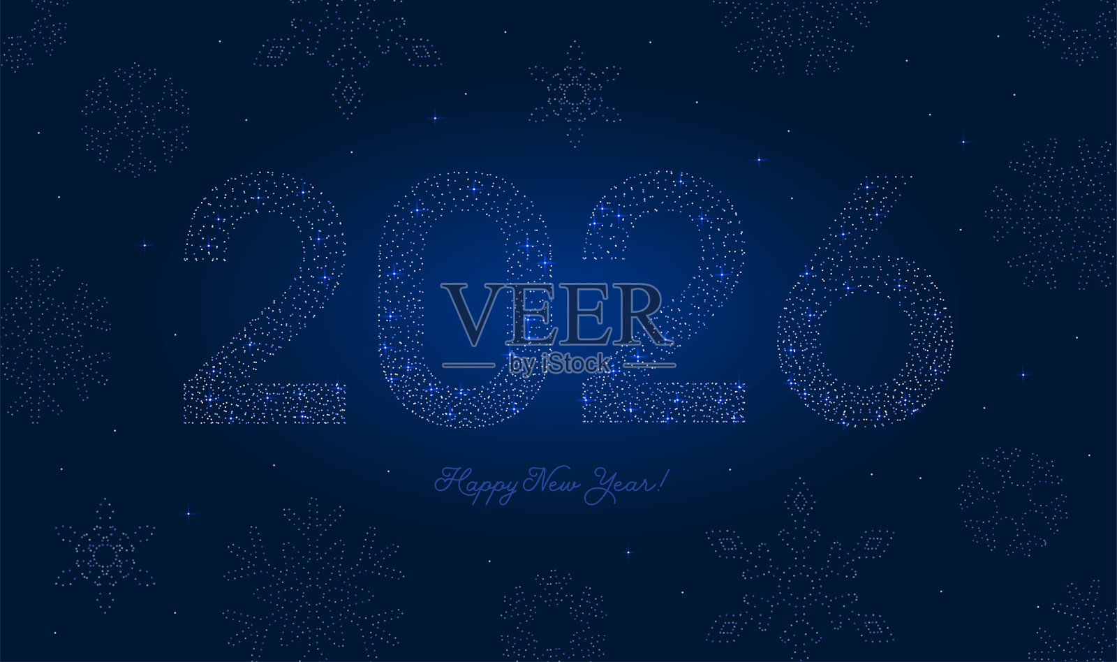 银色闪亮尘埃数字2026，背景为深蓝色，带有圆点星雪，新年文字设计。矢量图插画图片素材