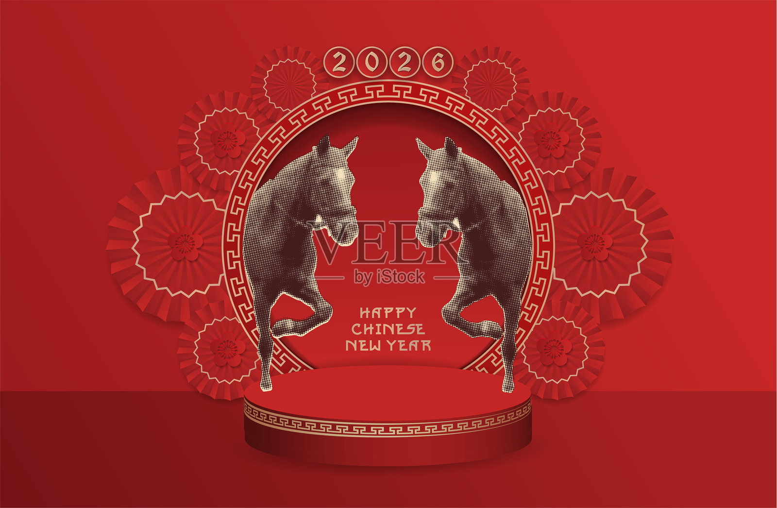 新年快乐，背景是红色讲台上的半色调纸马和金色装饰。复古风格的创意新年海报，配有纸伞和雨伞。矢量图插画图片素材