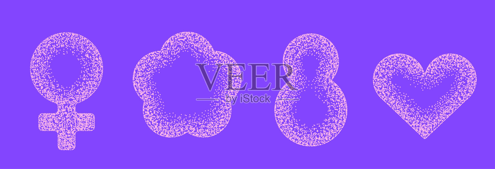 3月8日国际妇女节，点画效果极简元素集合 - 女性标志、花朵、数字8、爱心。矢量点状纹理插画插画图片素材