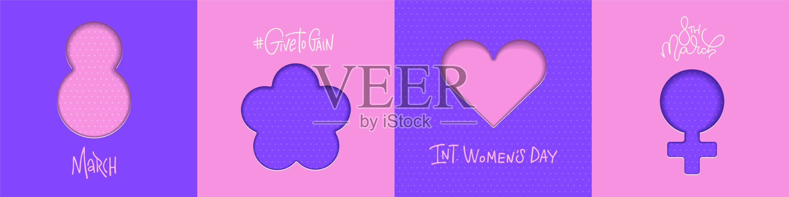 3月8日国际妇女节简约贺卡集，适用于社交媒体、网站、帖子、邀请函。国际妇女节矢量插画，采用真实纸张剪裁分层效果。GiveToGain插画图片素材