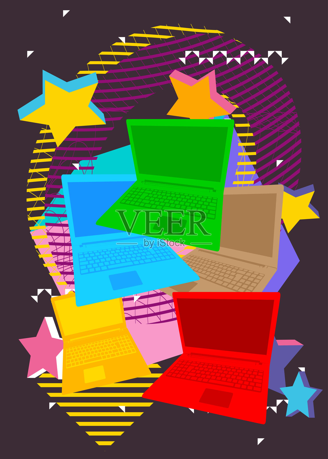 笔记本电脑复古几何图形主题背景插画图片素材