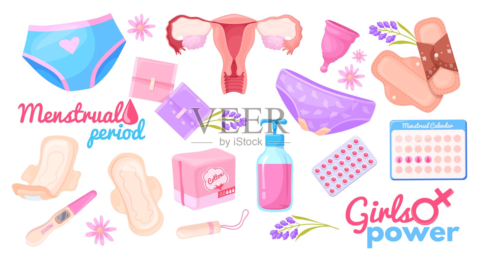 女性卫生用品。女性月经周期图标，卫生棉条，卫生巾，月经杯，子宫，妇科，内裤，血液，经前综合征，经期日历，卡通整洁矢量图插画图片素材
