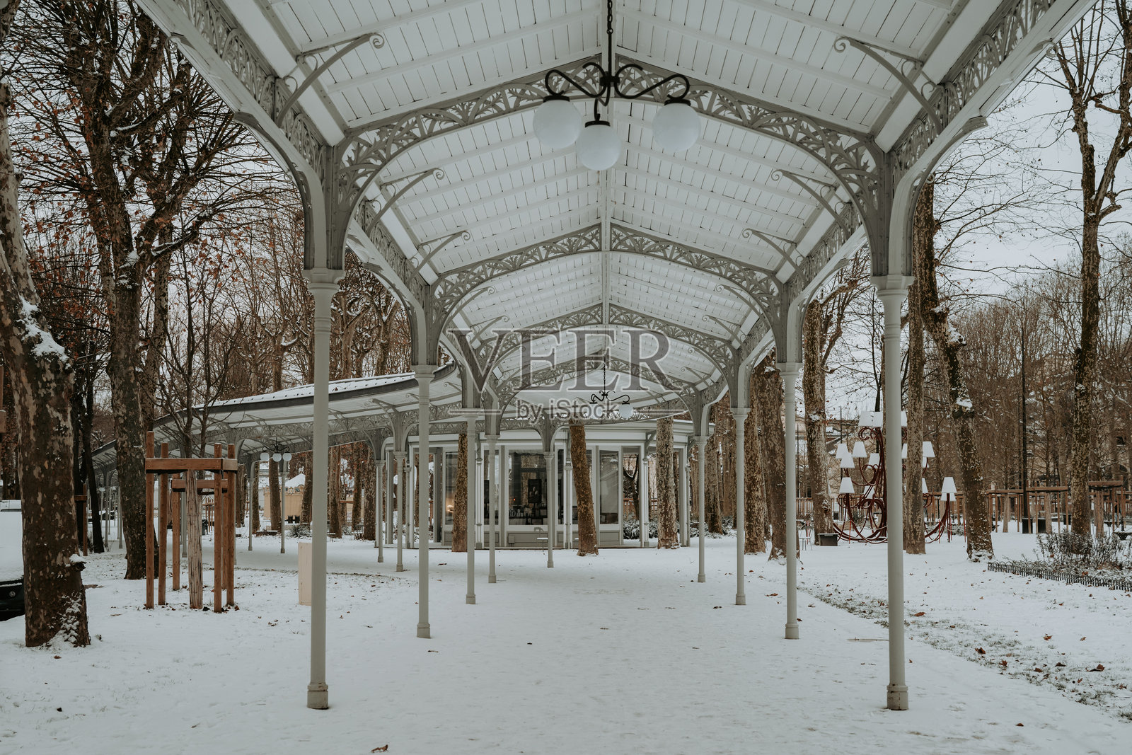 法国奥弗涅地区维希市冬季大雪中的城市景观，包括历史建筑和雪景公园。照片摄影图片