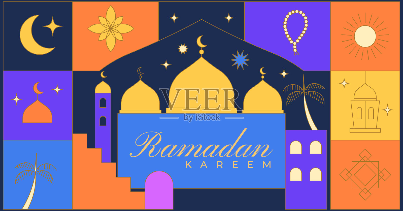 装饰艺术风格的斋月祝福，问候，横幅，海报模板插画图片素材