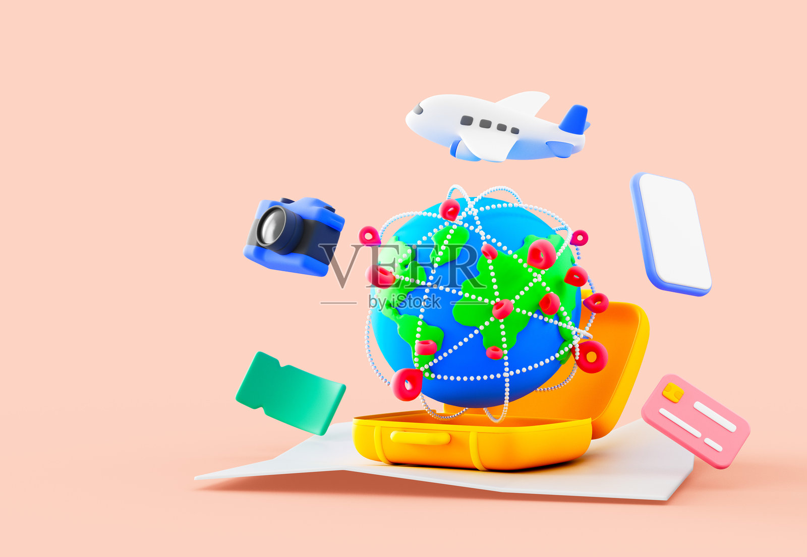 一个3D旅行概念，展示了一个打开的手提箱内漂浮的地球，旁边还有飞机、相机、信用卡和智能手机，象征着旅游、假期和探险。插画图片素材